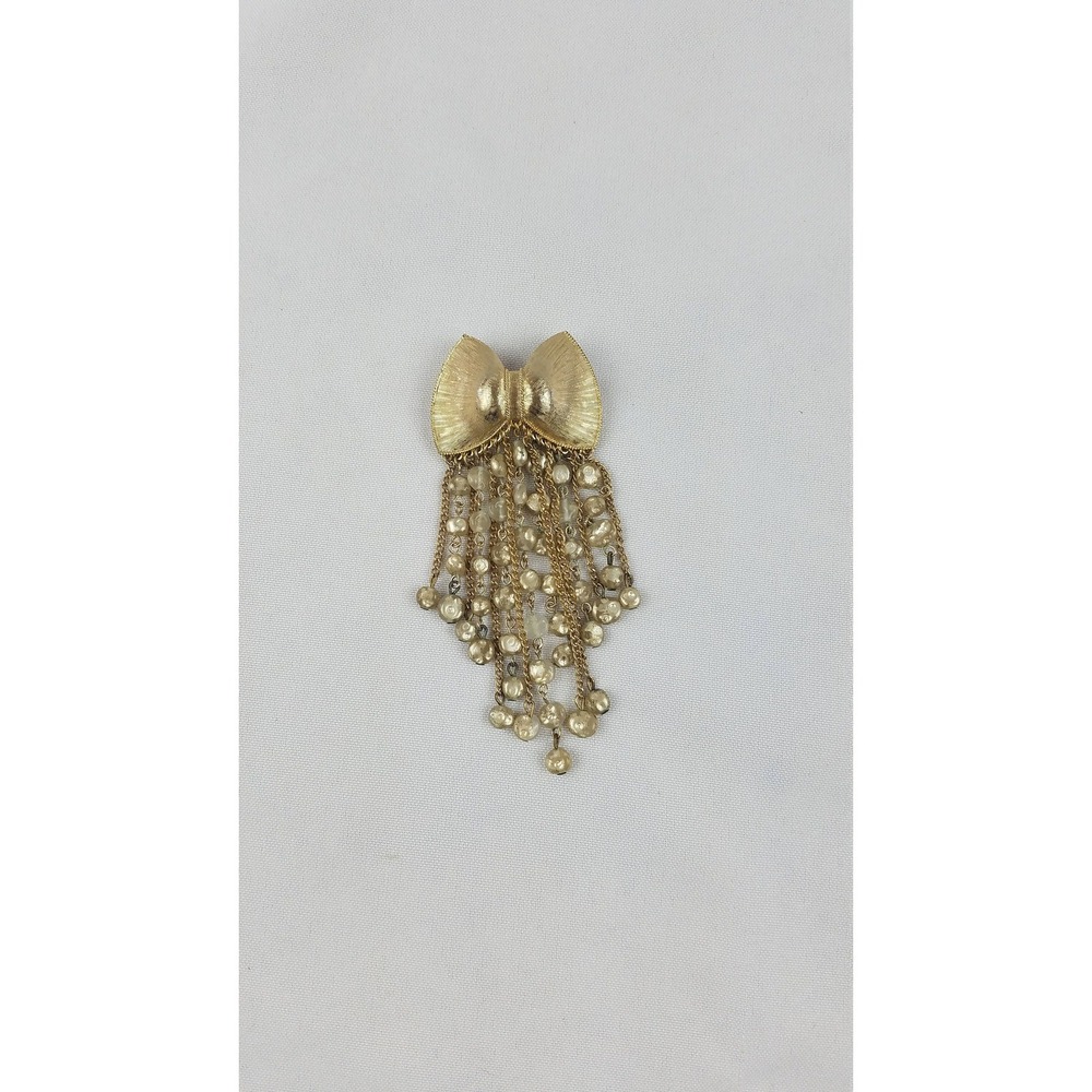 Vintage bow brooch pin chain beads charms fringe‎